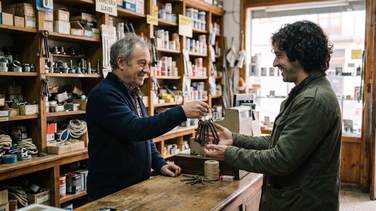 Traspaso de negocio por jubilación: el titular de una ferretería entrega las llaves a su sucesor