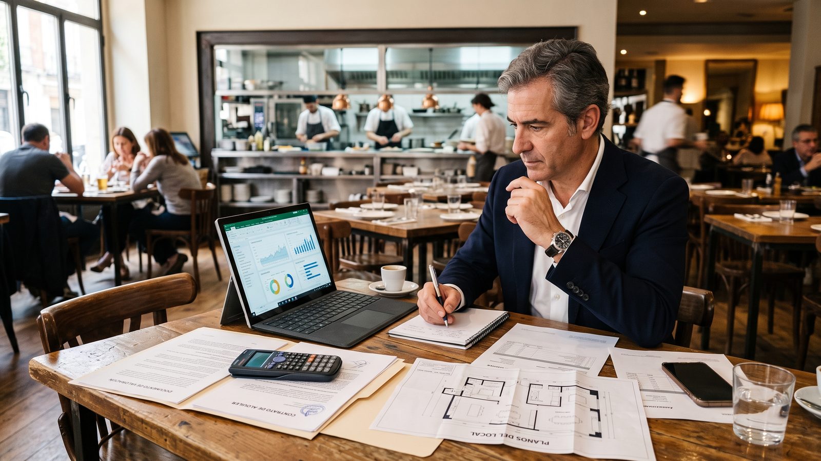 Mesa de un bar con las cuentas, la calculadora y los papeles del traspaso