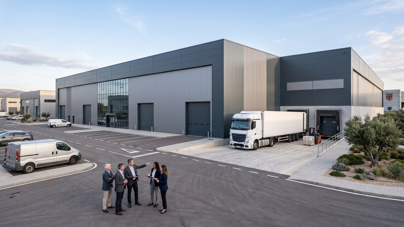 Propietario, comprador y asesores conversan delante de una nave industrial en venta